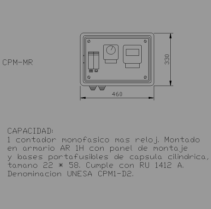Bloque Autocad CPM-MR, contador + reloj + fusibles.